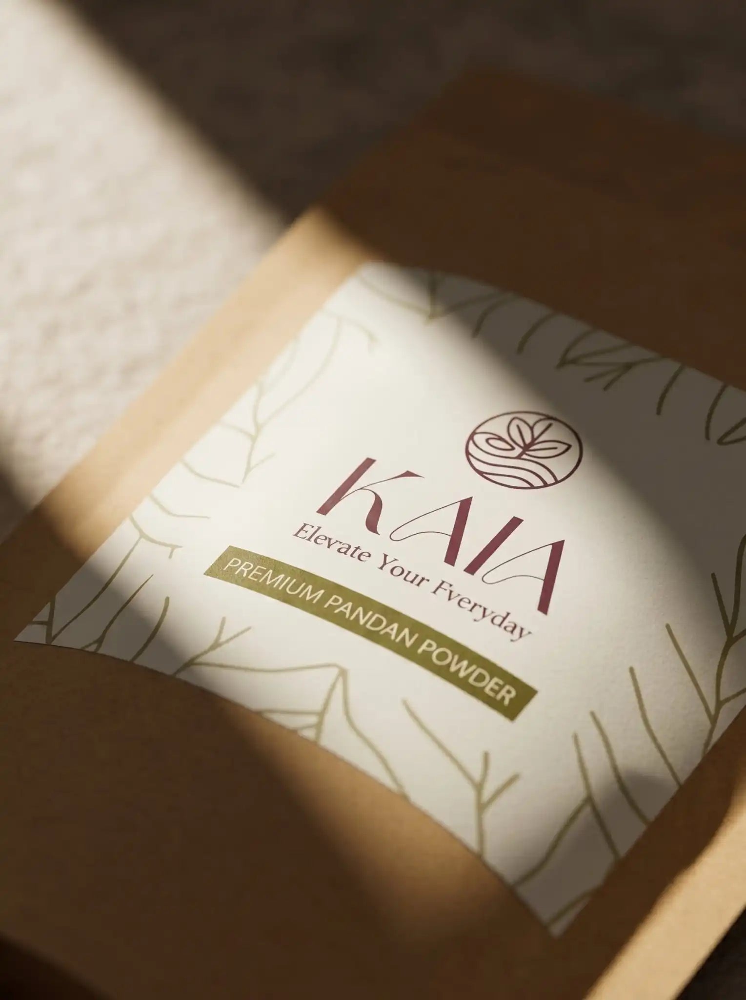 Close-up of KAIA Origin premium pandan powder label, Belgian freeze-dried Southeast Asian leaf packaging detail