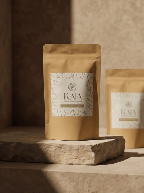 KAIA Origin premium pandan powder 100g pouch on natural stone slab, Belgian freeze-dried Southeast Asian leaf