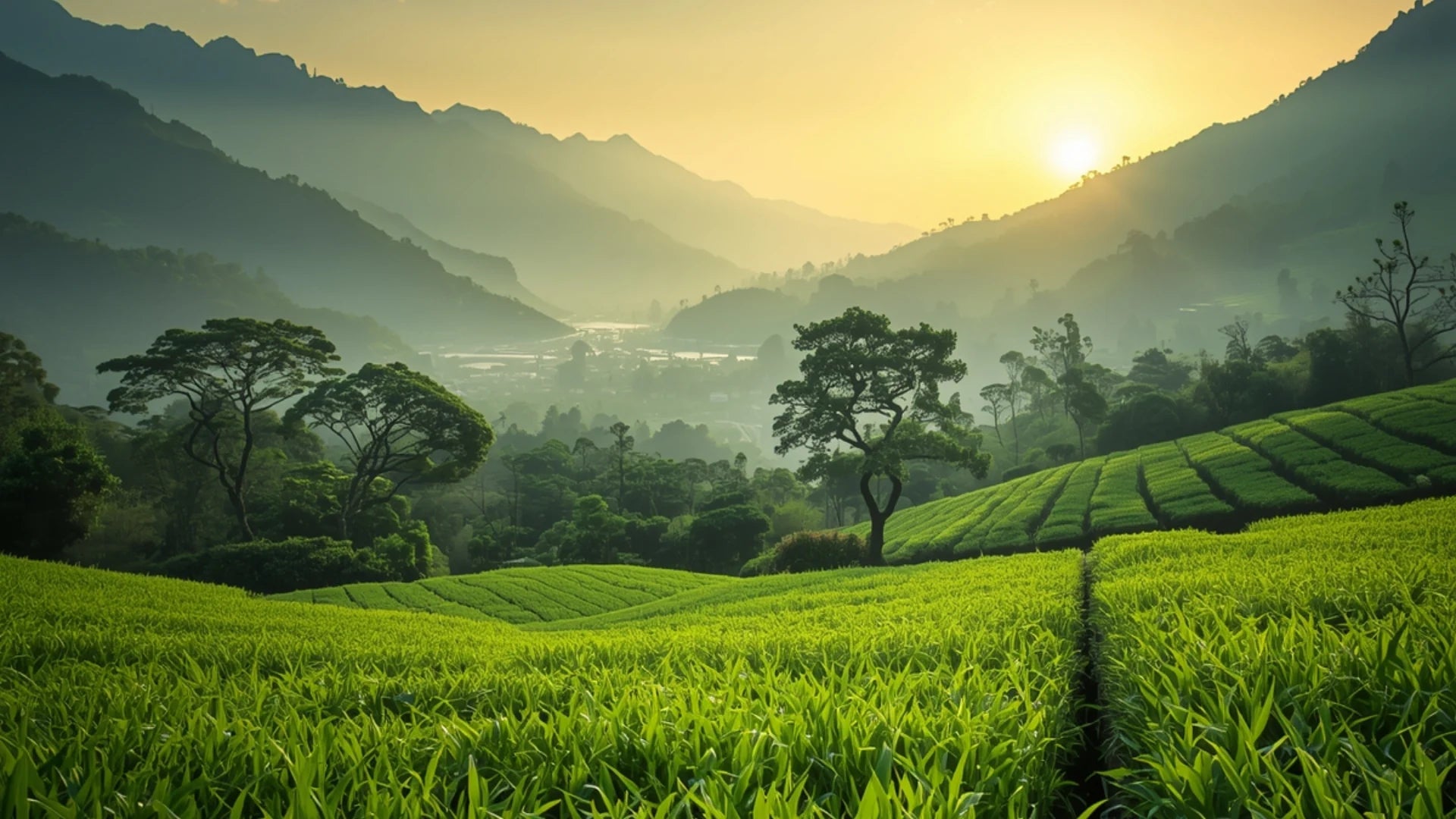 Sunlit hillside tea plantation at dusk, evoking the patient cultivation behind KAIA Origin matcha
